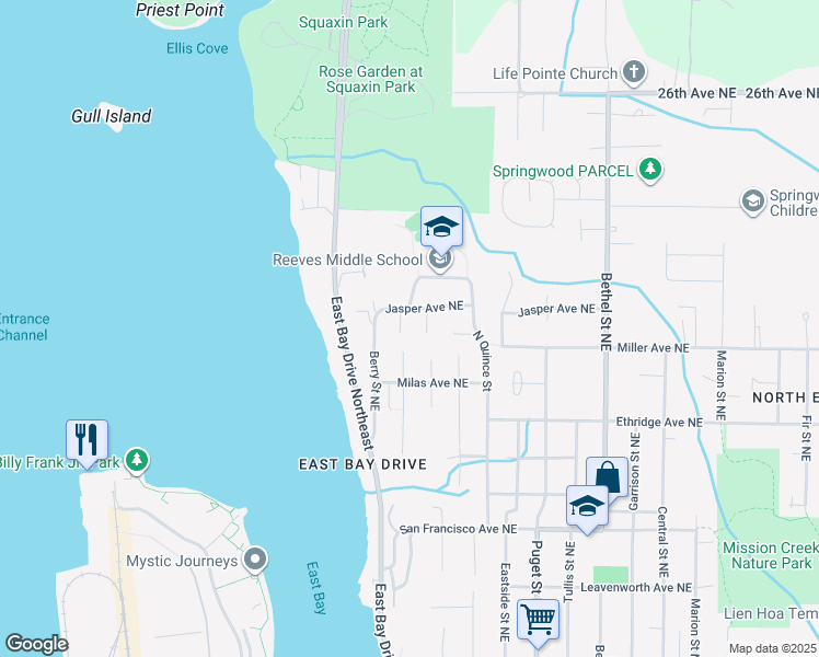 map of restaurants, bars, coffee shops, grocery stores, and more near 2011 Rose Street Northeast in Olympia