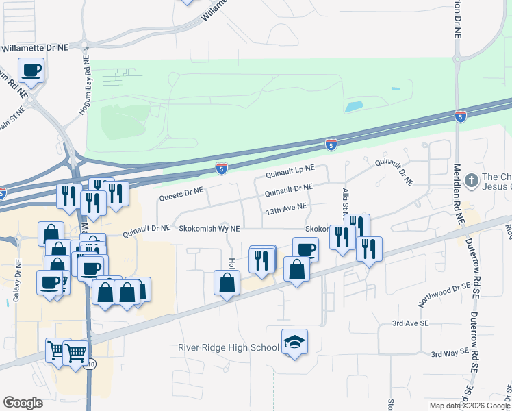 map of restaurants, bars, coffee shops, grocery stores, and more near 1307 Manito Drive Northeast in Olympia
