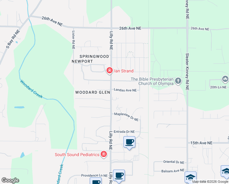 map of restaurants, bars, coffee shops, grocery stores, and more near 3601 Landau Avenue Northeast in Olympia