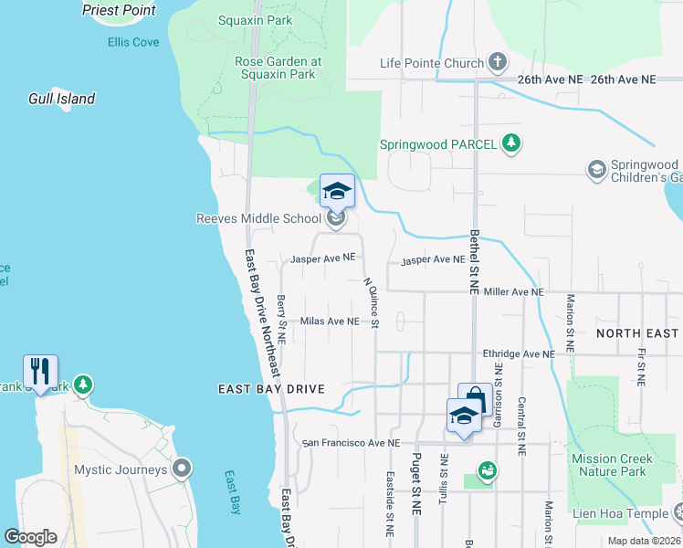 map of restaurants, bars, coffee shops, grocery stores, and more near 950 Madrona Place Northeast in Olympia