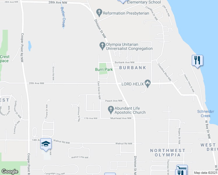 map of restaurants, bars, coffee shops, grocery stores, and more near 2319 Elliott Avenue Northwest in Olympia