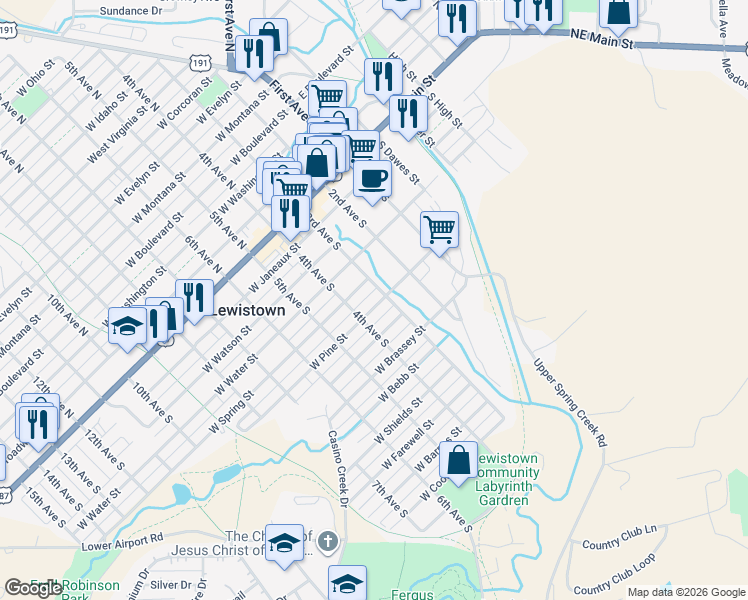 map of restaurants, bars, coffee shops, grocery stores, and more near 401 West Spring Street in Lewistown