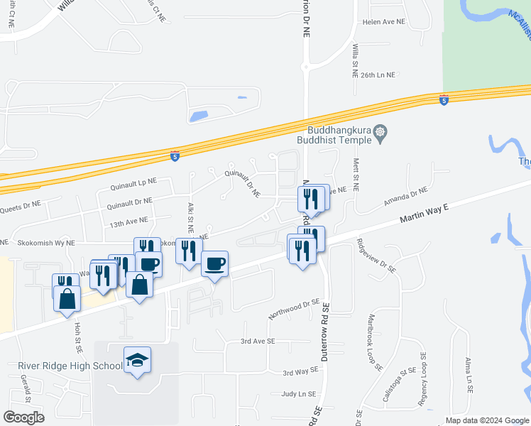 map of restaurants, bars, coffee shops, grocery stores, and more near 9205 Skokomish Way Northeast in Olympia