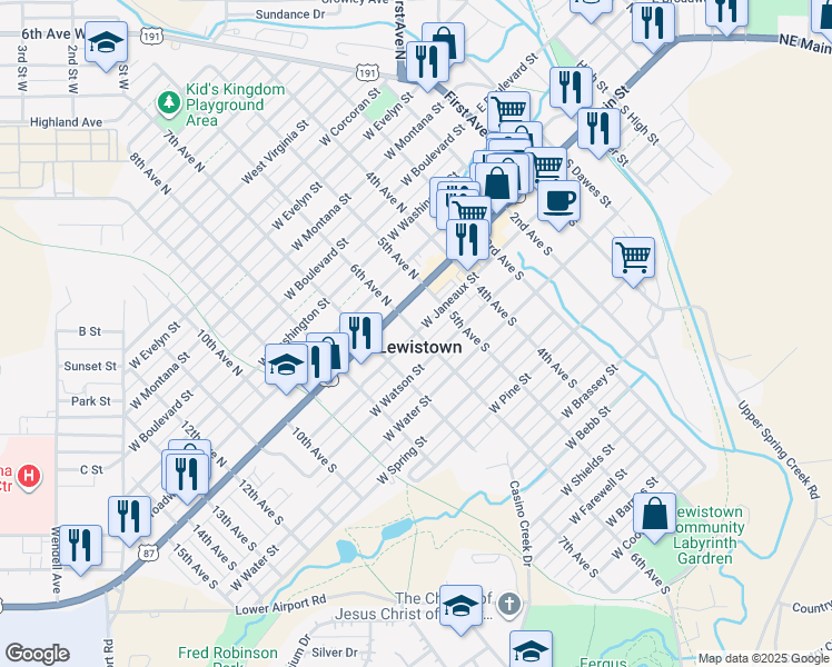 map of restaurants, bars, coffee shops, grocery stores, and more near West Janeaux Street in Lewistown