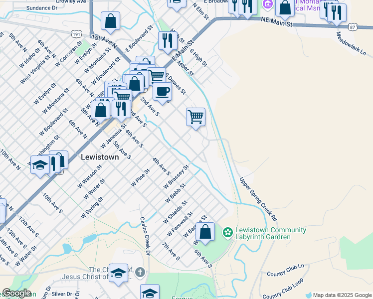 map of restaurants, bars, coffee shops, grocery stores, and more near 711 3rd Avenue South in Lewistown