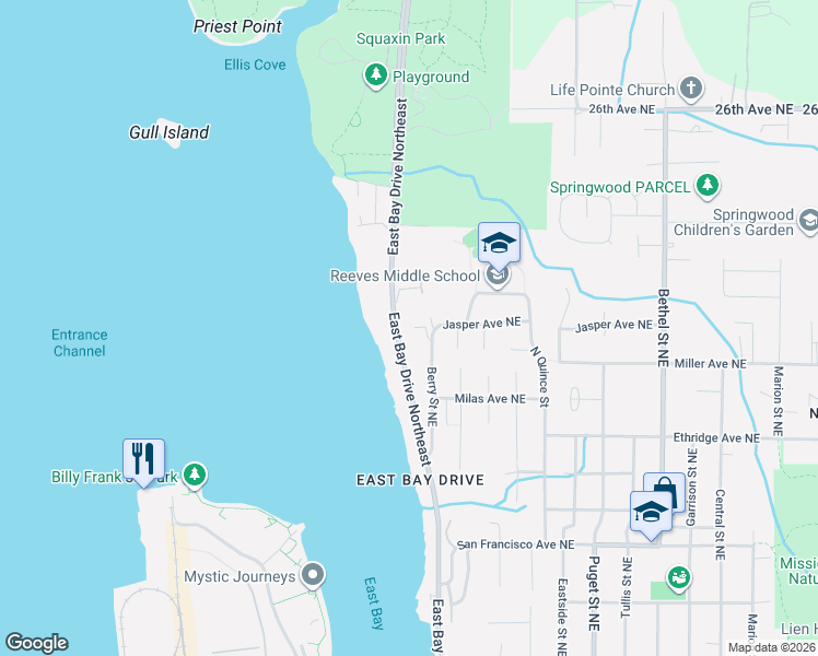 map of restaurants, bars, coffee shops, grocery stores, and more near 2005 East Bay Drive Northeast in Olympia