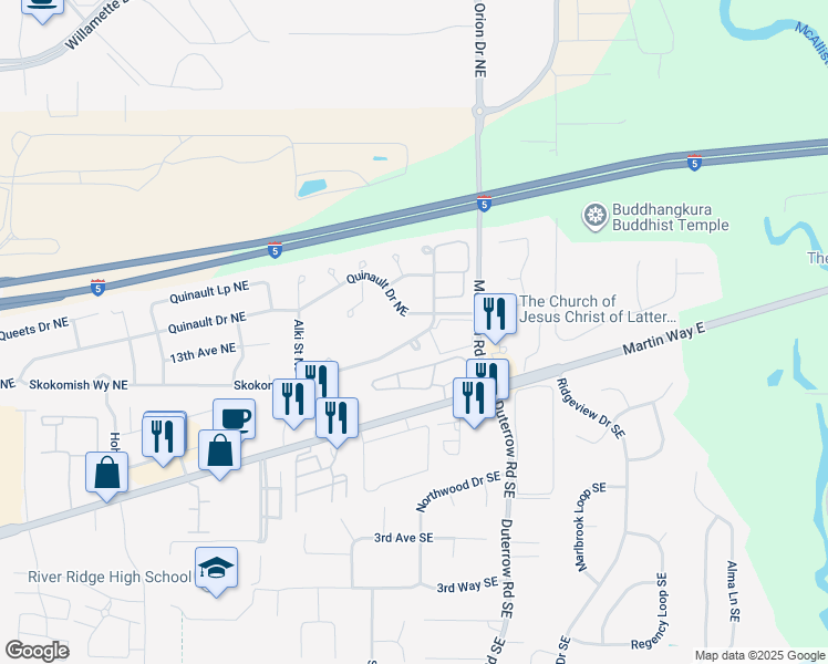 map of restaurants, bars, coffee shops, grocery stores, and more near 1136 Wapato Court Northeast in Olympia