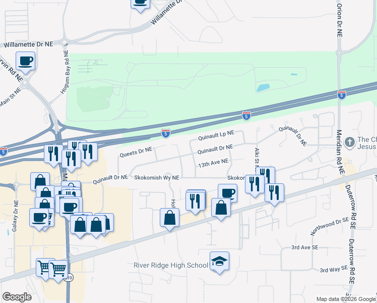 map of restaurants, bars, coffee shops, grocery stores, and more near 1307 Manito Drive Northeast in Olympia