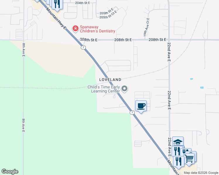 map of restaurants, bars, coffee shops, grocery stores, and more near 1508 214th Street East in Spanaway