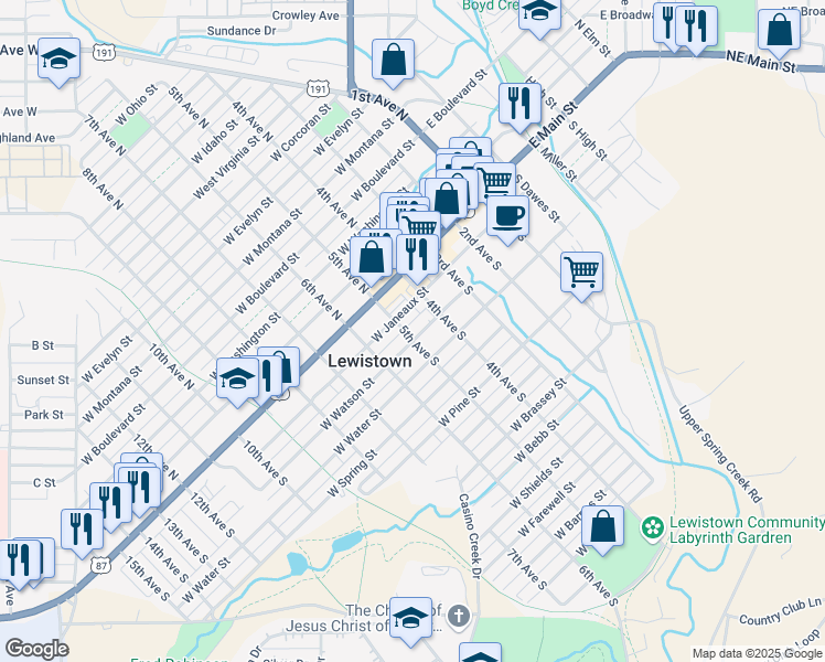 map of restaurants, bars, coffee shops, grocery stores, and more near 215 5th Avenue South in Lewistown
