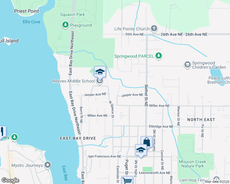 map of restaurants, bars, coffee shops, grocery stores, and more near 2125 Eastside Street Northeast in Olympia