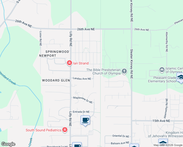 map of restaurants, bars, coffee shops, grocery stores, and more near 3624 Surrey Drive Northeast in Olympia