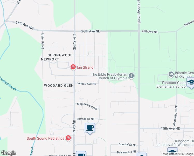 map of restaurants, bars, coffee shops, grocery stores, and more near 3624 Surrey Drive Northeast in Olympia