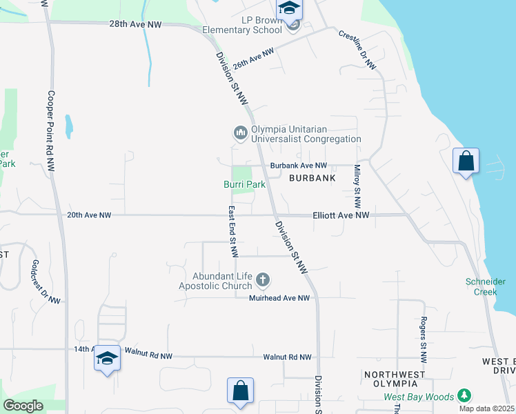 map of restaurants, bars, coffee shops, grocery stores, and more near 2400 20th Avenue Northwest in Olympia