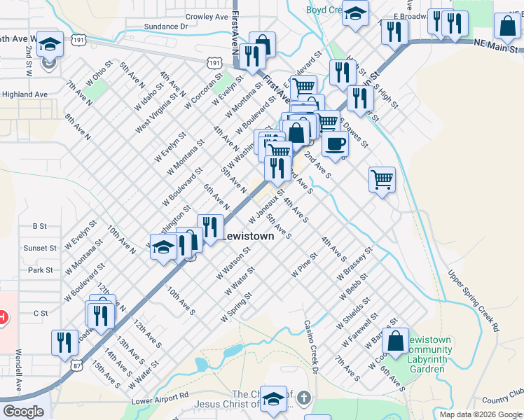 map of restaurants, bars, coffee shops, grocery stores, and more near 116 5th Avenue South in Lewistown