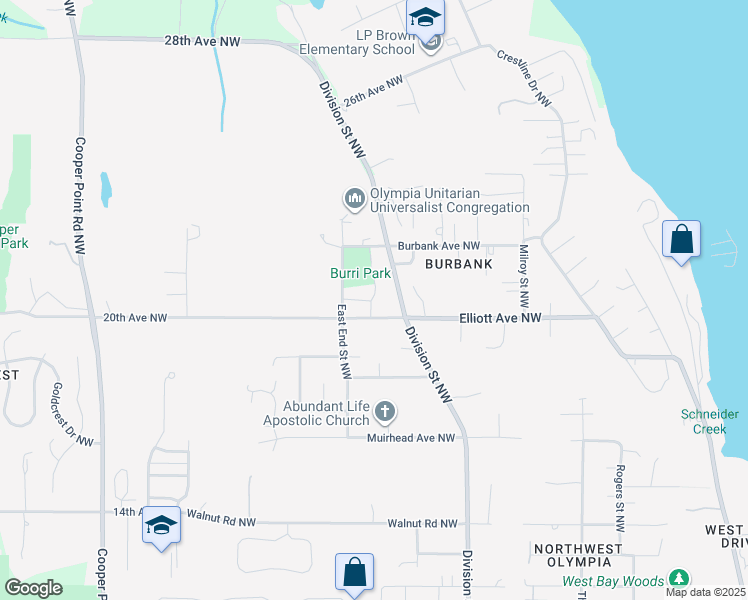 map of restaurants, bars, coffee shops, grocery stores, and more near 2400 20th Avenue Northwest in Olympia