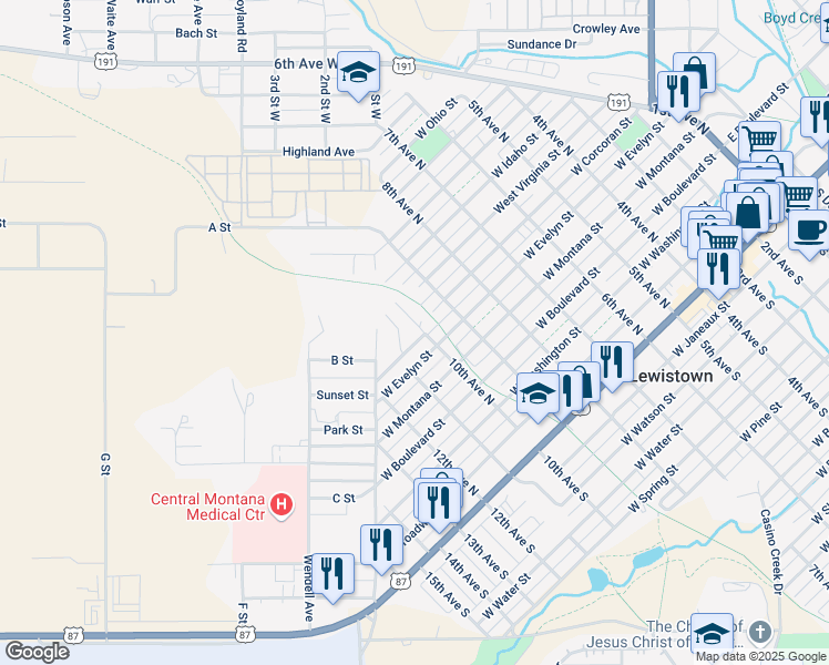 map of restaurants, bars, coffee shops, grocery stores, and more near 115 Hillcrest Drive in Lewistown