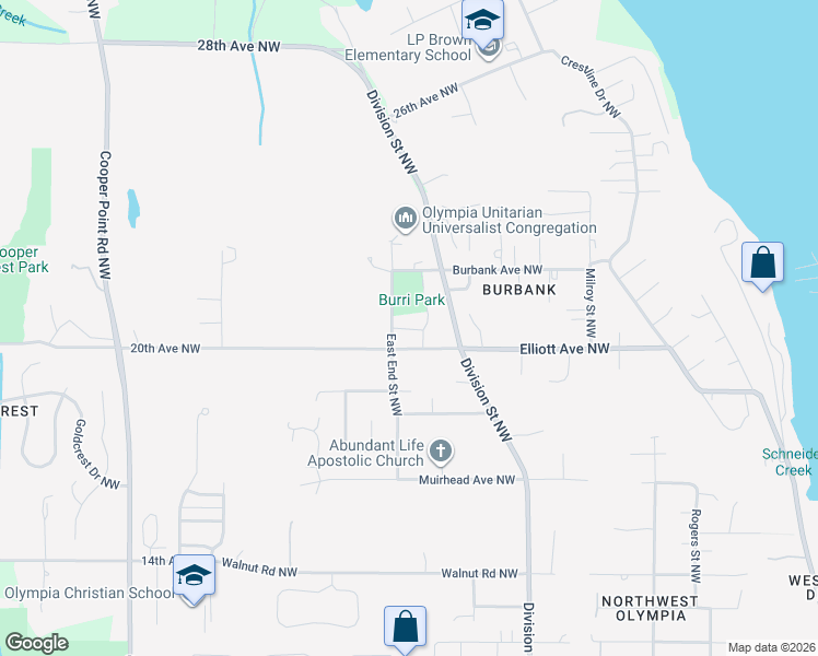 map of restaurants, bars, coffee shops, grocery stores, and more near 2400 20th Avenue Northwest in Olympia