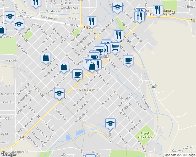map of restaurants, bars, coffee shops, grocery stores, and more near 415 West Janeaux Street in Lewistown