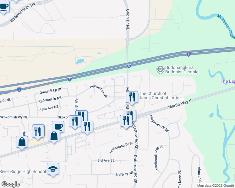 map of restaurants, bars, coffee shops, grocery stores, and more near 9300 Skokomish Way Northeast in Olympia