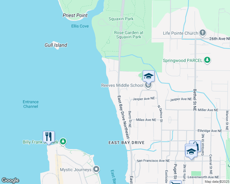 map of restaurants, bars, coffee shops, grocery stores, and more near 2061 East Bay Drive Northeast in Olympia