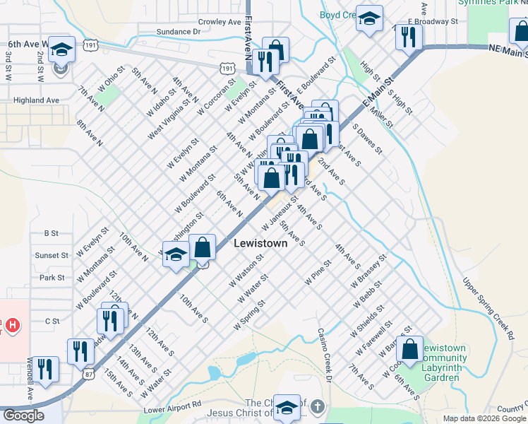 map of restaurants, bars, coffee shops, grocery stores, and more near 116 5th Ave S in Lewistown