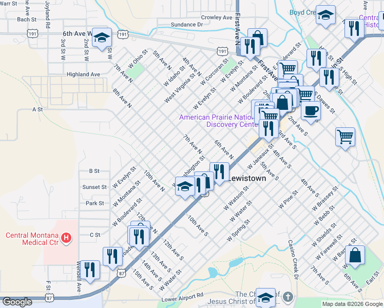 map of restaurants, bars, coffee shops, grocery stores, and more near 707 West Boulevard Street in Lewistown