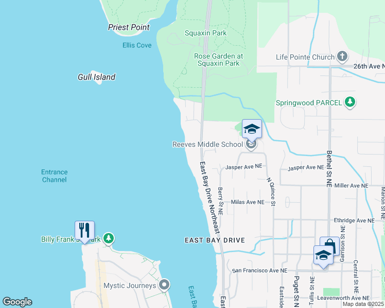 map of restaurants, bars, coffee shops, grocery stores, and more near 2061 East Bay Drive Northeast in Olympia