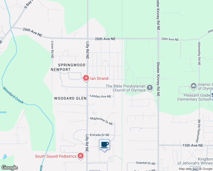 map of restaurants, bars, coffee shops, grocery stores, and more near 3624 Surrey Drive Northeast in Olympia