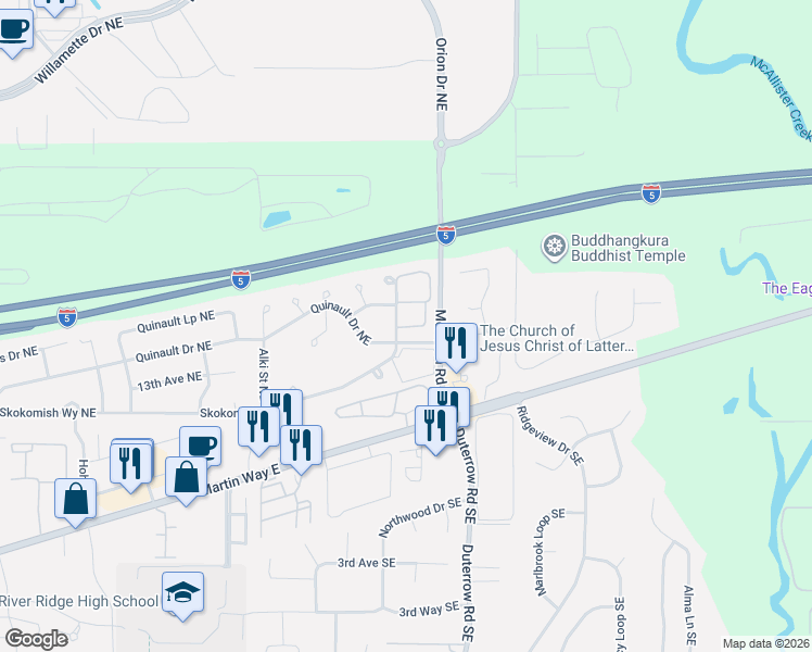 map of restaurants, bars, coffee shops, grocery stores, and more near 9300 Skokomish Way Northeast in Olympia