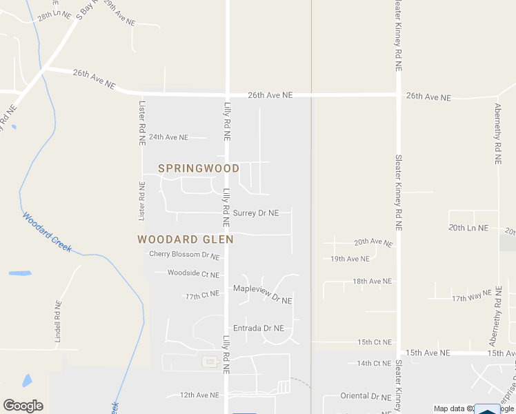 map of restaurants, bars, coffee shops, grocery stores, and more near 3614 Surrey Drive Northeast in Olympia