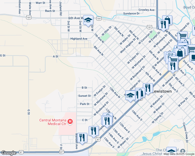 map of restaurants, bars, coffee shops, grocery stores, and more near 115 Hillcrest Drive in Lewistown