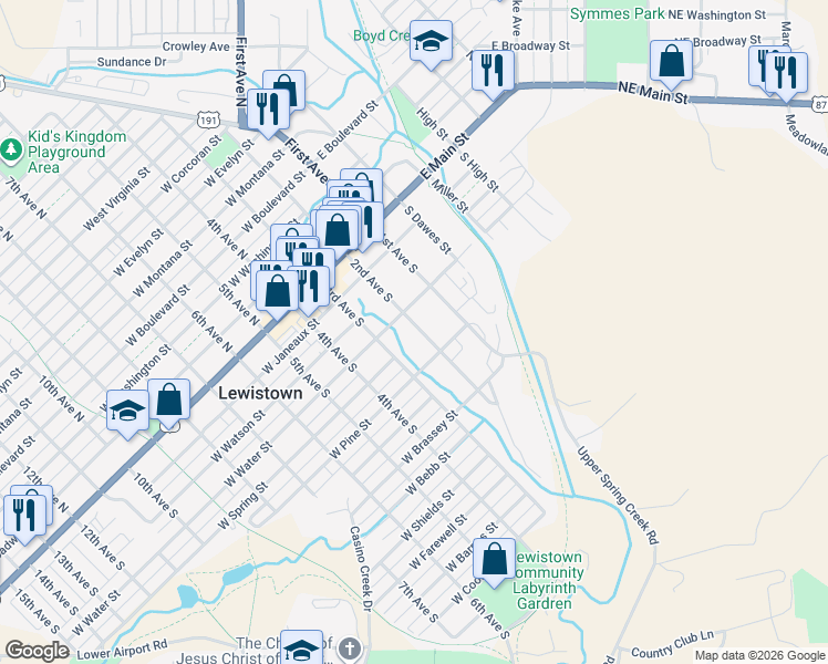 map of restaurants, bars, coffee shops, grocery stores, and more near 312 2nd Avenue South in Lewistown