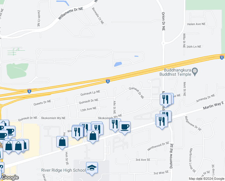 map of restaurants, bars, coffee shops, grocery stores, and more near 1417 Alki Street Northeast in Olympia