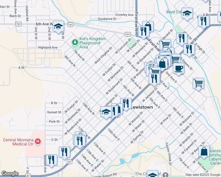 map of restaurants, bars, coffee shops, grocery stores, and more near 702 West Boulevard Street in Lewistown