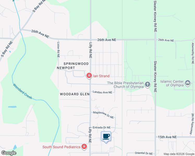 map of restaurants, bars, coffee shops, grocery stores, and more near 3614 Surrey Drive Northeast in Olympia