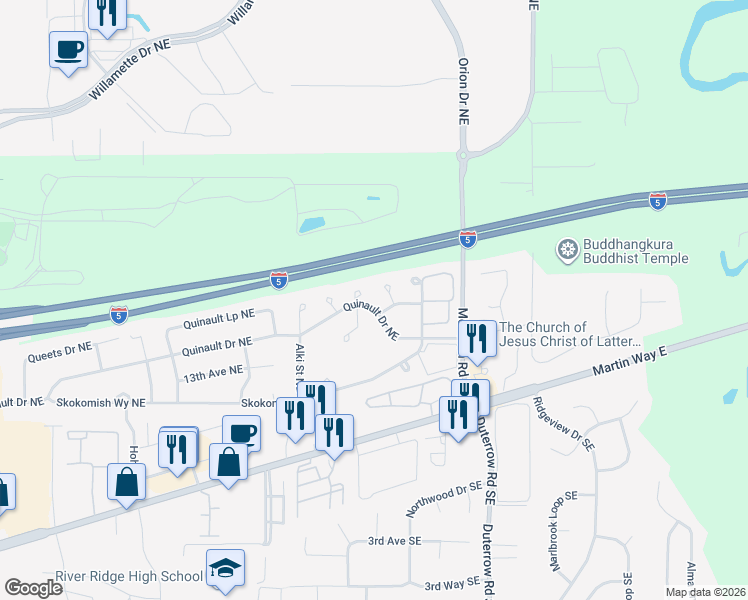 map of restaurants, bars, coffee shops, grocery stores, and more near 9146 Quinault Drive Northeast in Olympia