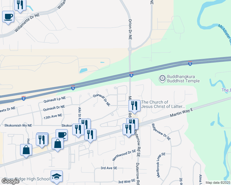 map of restaurants, bars, coffee shops, grocery stores, and more near 9300 Skokomish Way Northeast in Olympia