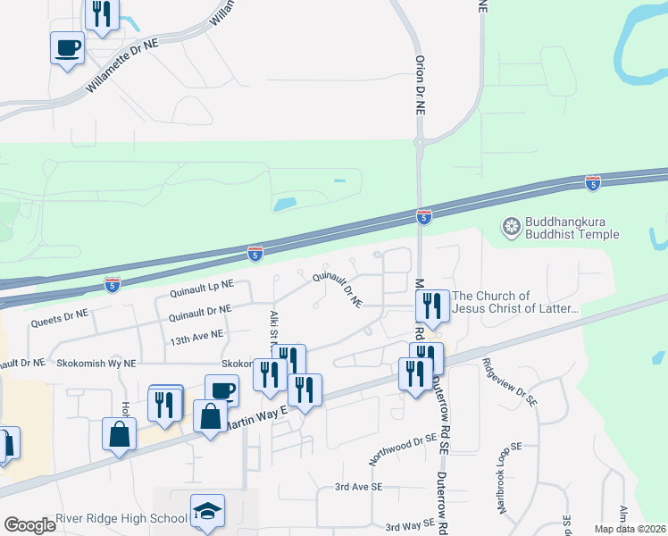 map of restaurants, bars, coffee shops, grocery stores, and more near 9205 Quinault Drive Northeast in Olympia