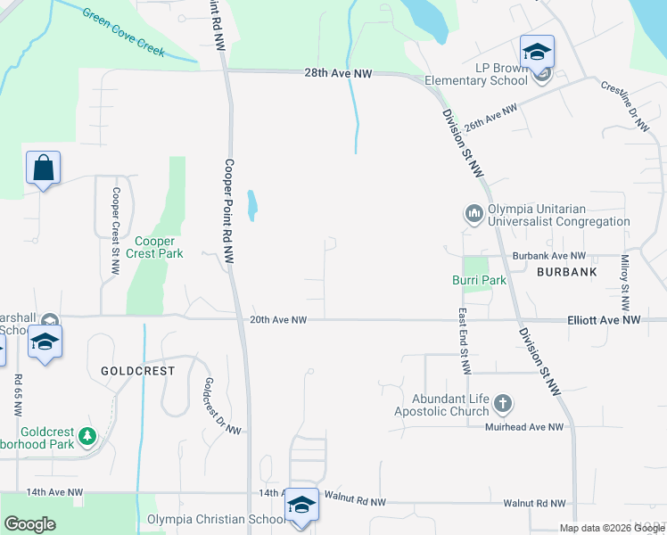 map of restaurants, bars, coffee shops, grocery stores, and more near 2224 Grove Road Northwest in Olympia