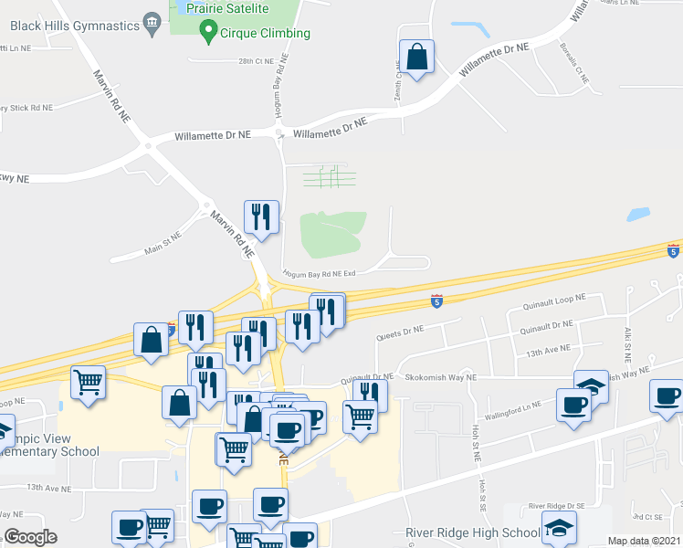 map of restaurants, bars, coffee shops, grocery stores, and more near Hogum Bay Road NE Exd in Olympia