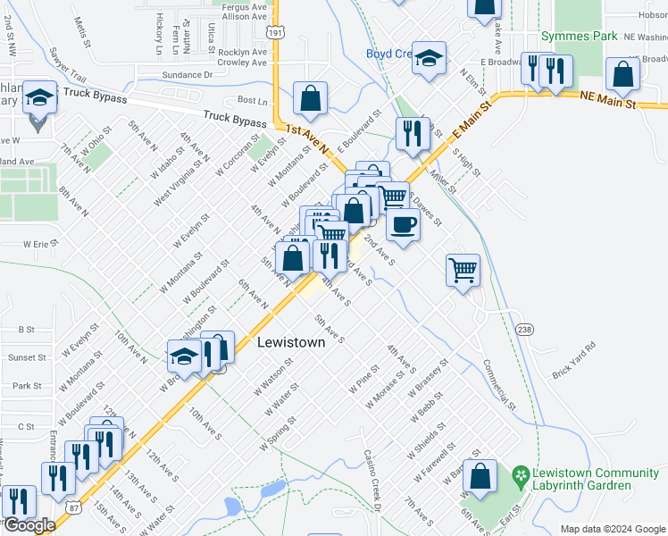 map of restaurants, bars, coffee shops, grocery stores, and more near 302 West Main Street in Lewistown