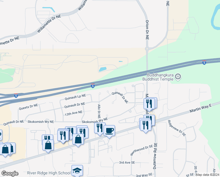 map of restaurants, bars, coffee shops, grocery stores, and more near 1431 Mamook Court Northeast in Olympia