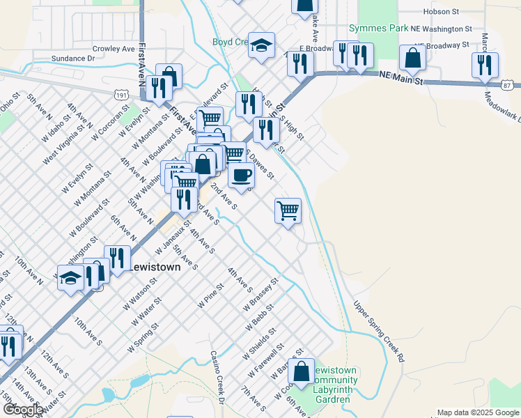 map of restaurants, bars, coffee shops, grocery stores, and more near 306-316 1st Avenue South in Lewistown