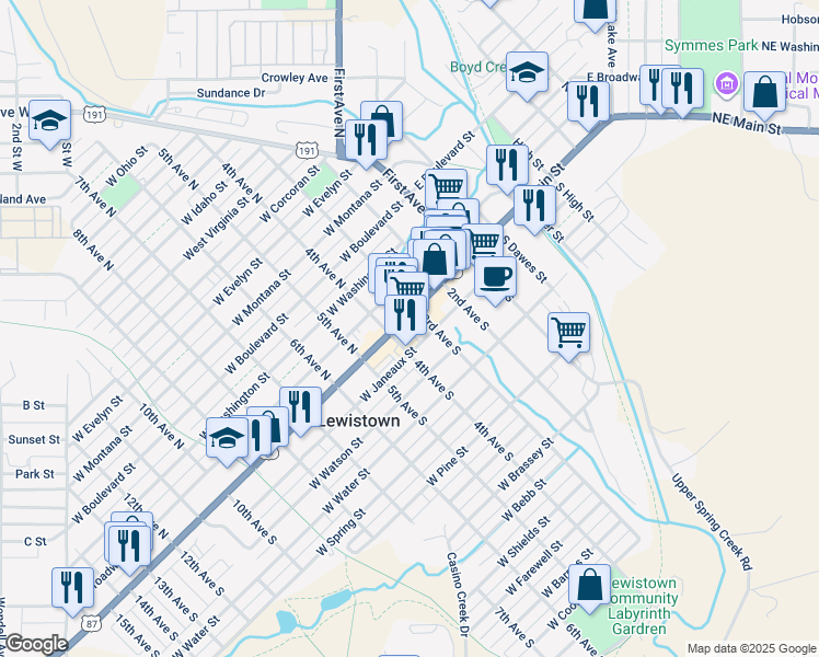 map of restaurants, bars, coffee shops, grocery stores, and more near 311 West Main Street in Lewistown
