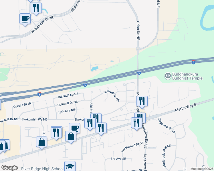 map of restaurants, bars, coffee shops, grocery stores, and more near 1431 Mamook Court Northeast in Olympia