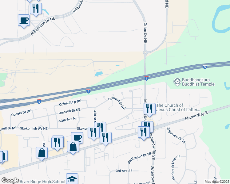 map of restaurants, bars, coffee shops, grocery stores, and more near 1426 Mamook Court Northeast in Olympia