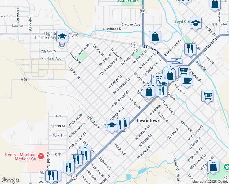 map of restaurants, bars, coffee shops, grocery stores, and more near 620 West Montana Street in Lewistown