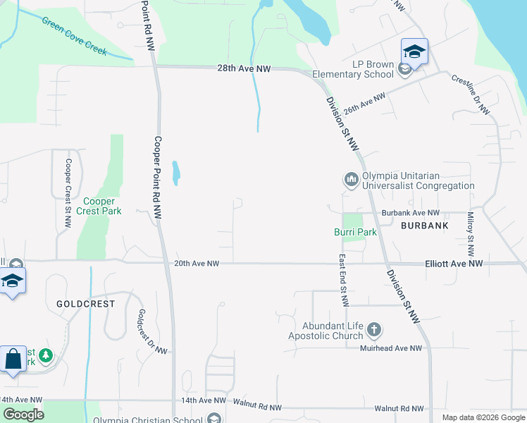 map of restaurants, bars, coffee shops, grocery stores, and more near 2224 Grove Road Northwest in Olympia