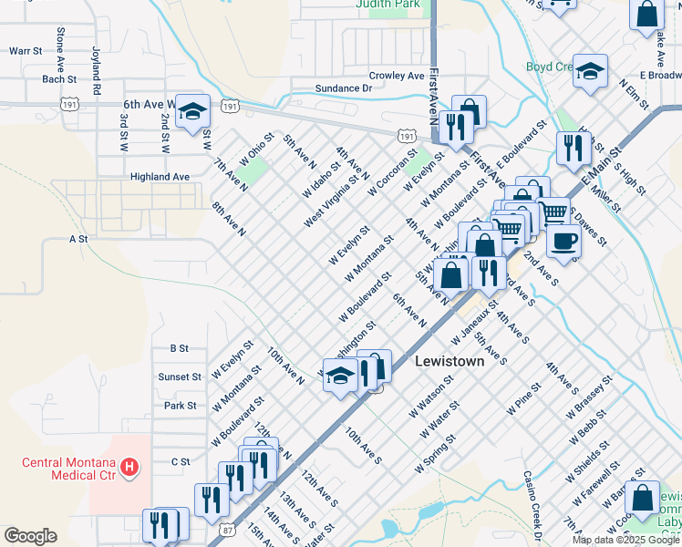map of restaurants, bars, coffee shops, grocery stores, and more near 620 West Montana Street in Lewistown